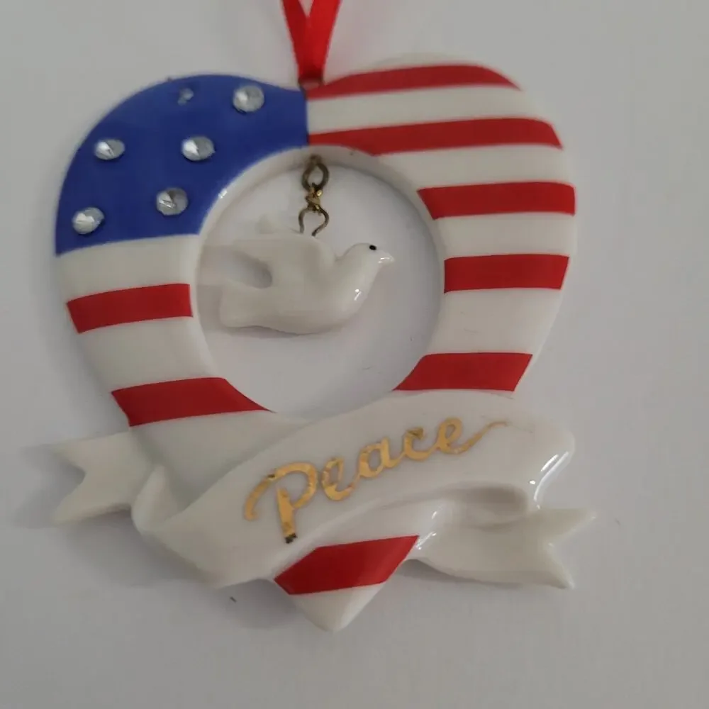 Heart Shaped American Flag Christmas Ornament with Dove